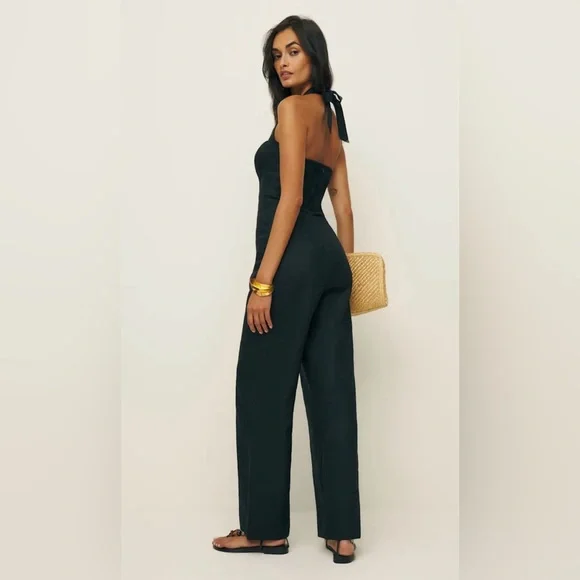 Reformation Malika Linen Black Jumpsuit, Size 10